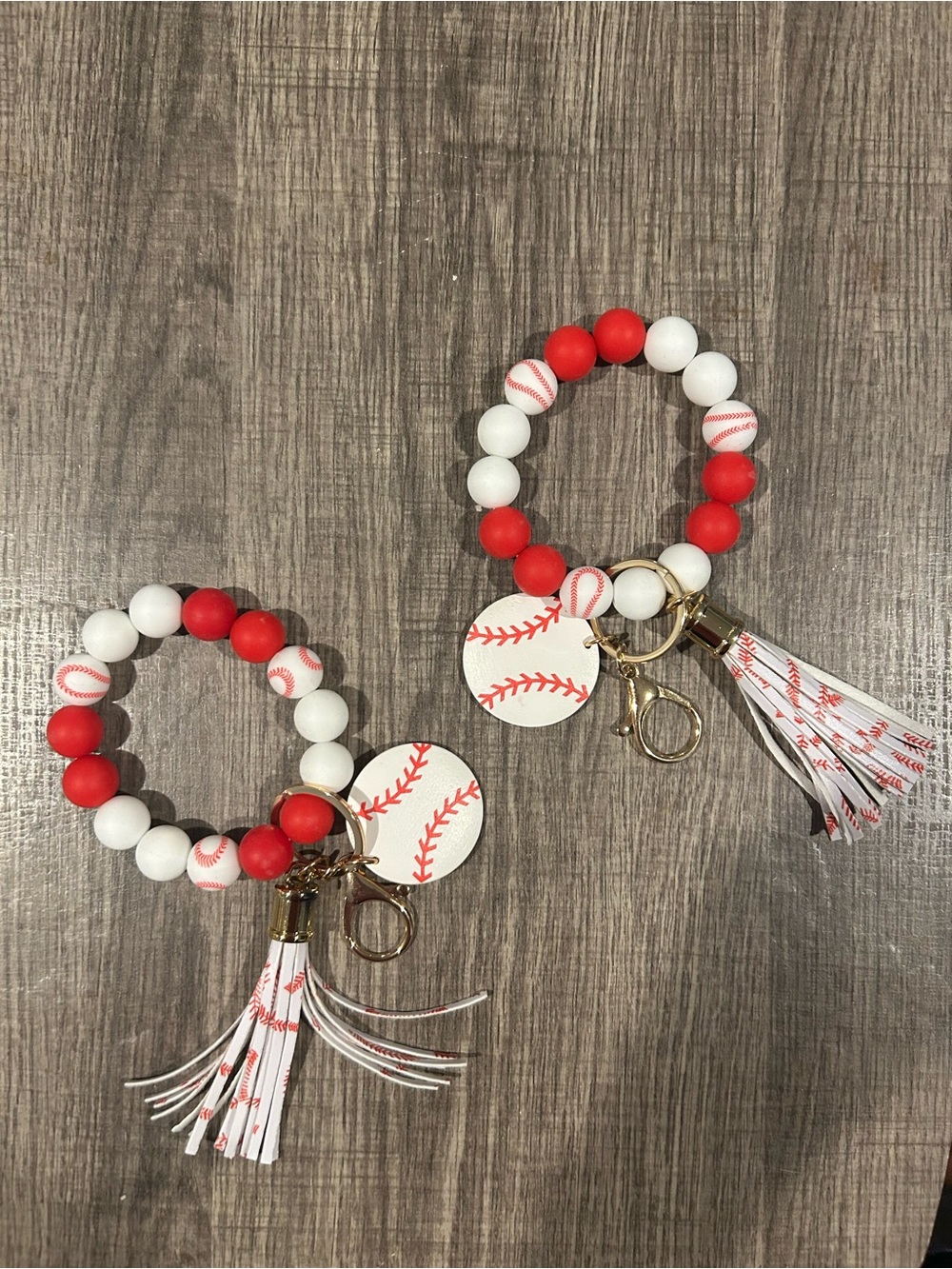 2 Baseball Beaded Wristlet Keychains with Tassel - Red & White